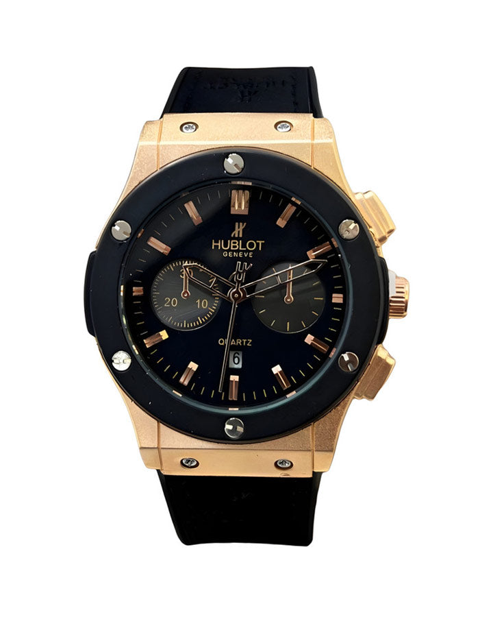 HUBLOT GOLD BLACK DIAL WITH LEATHER STRAIP